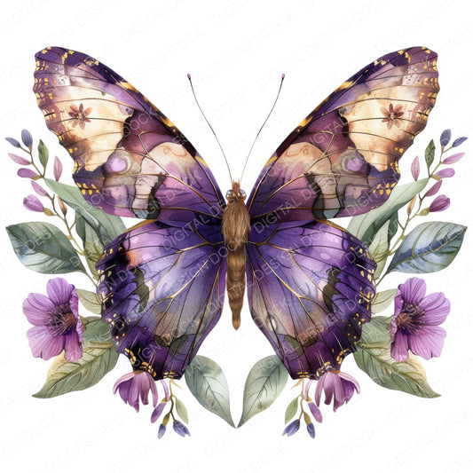 Purple Watercolour Floral Butterfly fussy cut sheet in A4 format showing all 12 designs on one printable page