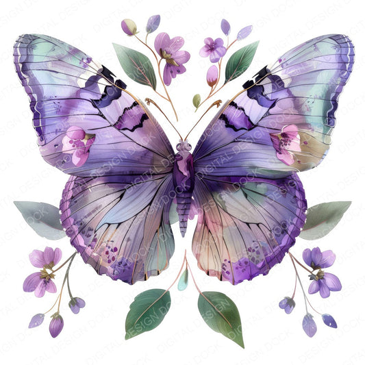 Purple Watercolour Floral Butterfly fussy cut sheet in US Letter format showing all 12 designs on one printable page