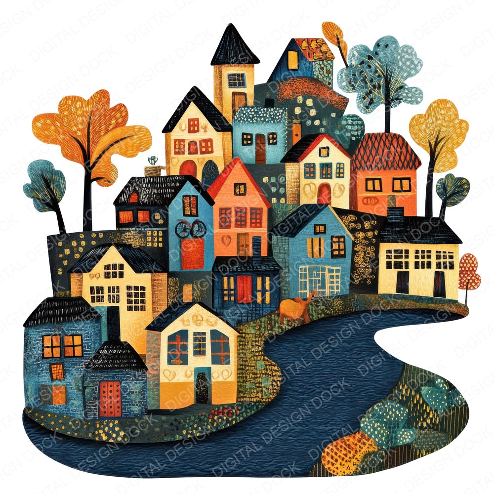 Quaint Riverside Village fussy cut sheet in A4 format showing all 12 designs on one printable page