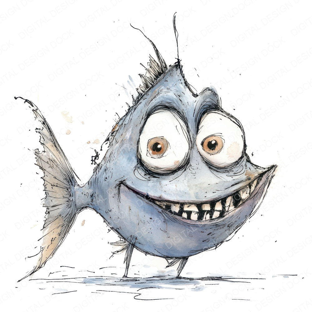 Quirky Fish Character fussy cut sheet in A4 format showing all 12 designs on one printable page