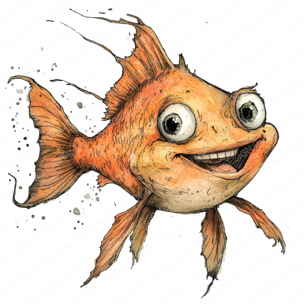Quirky Fish Character fussy cut sheet in US Letter format showing all 12 designs on one printable page