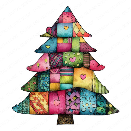 Quirky Patchwork Christmas Tree fussy cut sheet in A4 format showing all 12 designs on one printable page