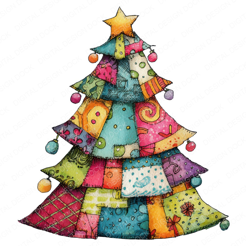Quirky Patchwork Christmas Tree fussy cut sheet in US Letter format showing all 12 designs on one printable page