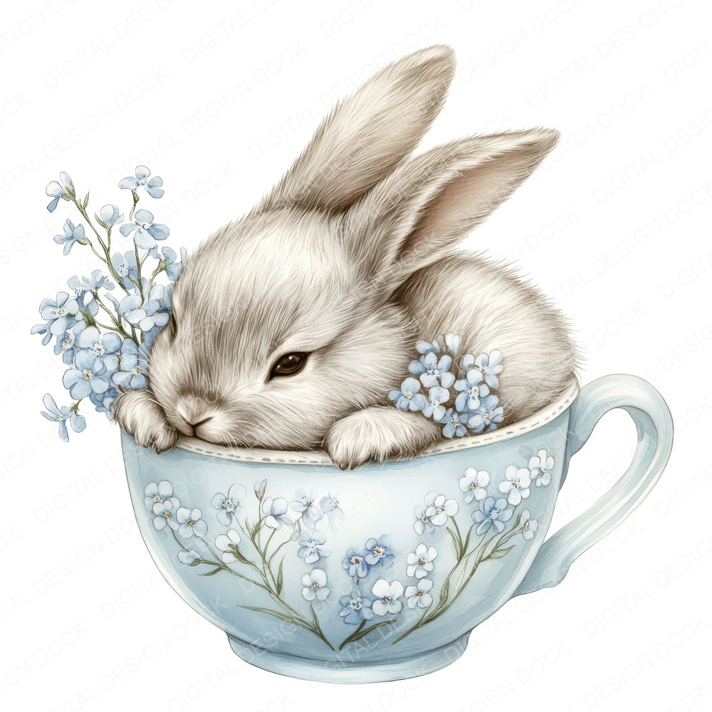 Rabbit in Blue Teacup fussy cut sheet in A4 format showing all 12 designs on one printable page