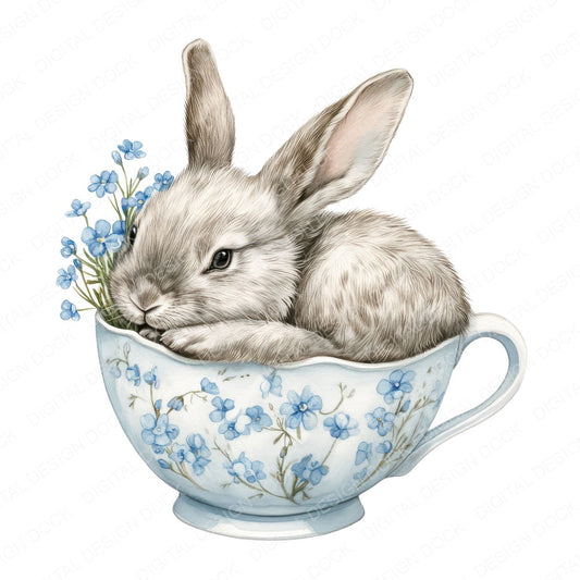 Rabbit in Blue Teacup fussy cut sheet in US Letter format showing all 12 designs on one printable page
