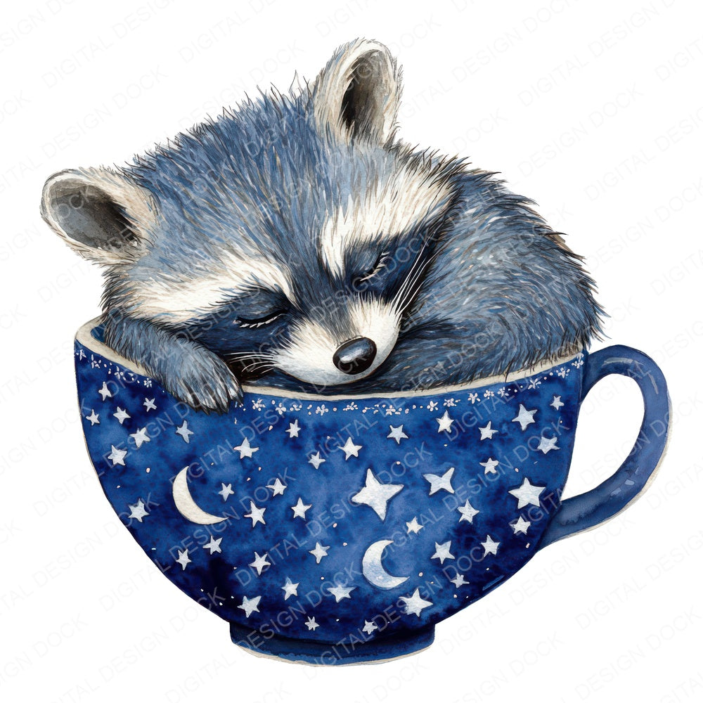 Raccoon in Starry Teacup fussy cut sheet in A4 format showing all 12 designs on one printable page