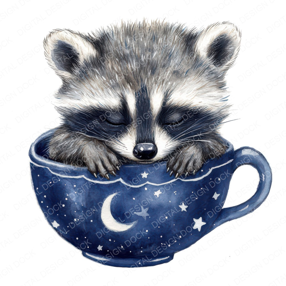 Raccoon in Starry Teacup fussy cut sheet in US Letter format showing all 12 designs on one printable page