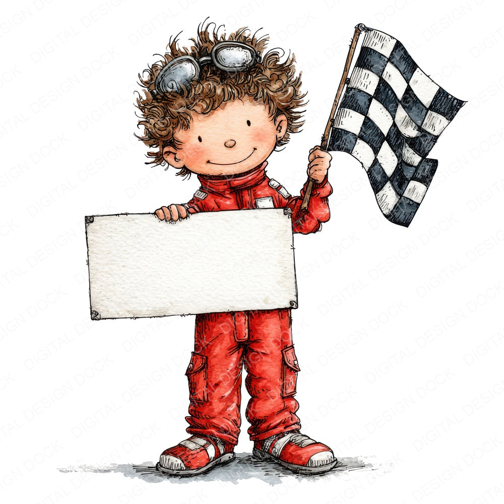 Race Car Driver Boy with Banner fussy cut sheet in A4 format showing all 12 designs on one printable page