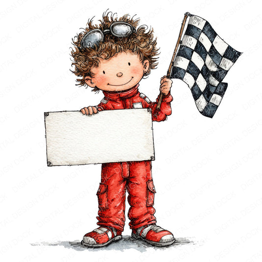 Race Car Driver Boy with Banner fussy cut sheet in A4 format showing all 12 designs on one printable page