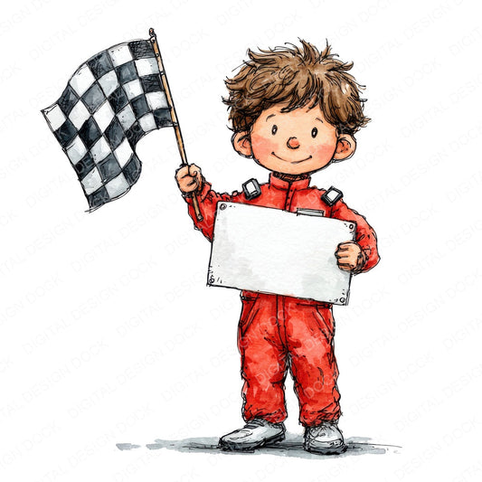 Race Car Driver Boy with Banner fussy cut sheet in US Letter format showing all 12 designs on one printable page