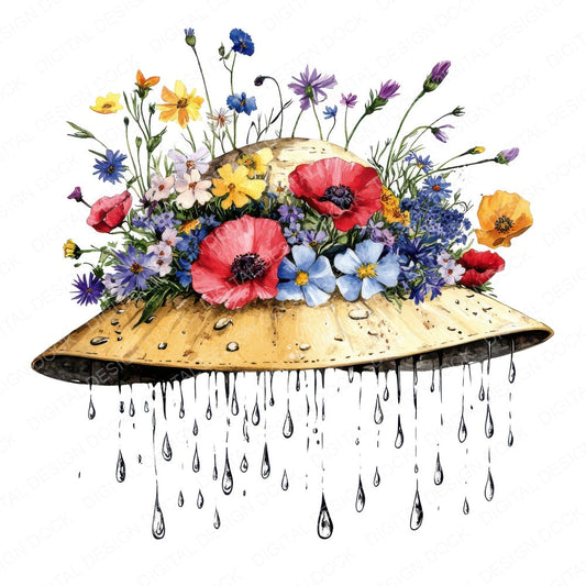 Rain Hat with Wildflowers fussy cut sheet in A4 format showing all 12 designs on one printable page