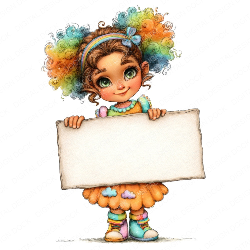 Rainbow Girl with Banner fussy cut sheet in A4 format showing all 12 designs on one printable page