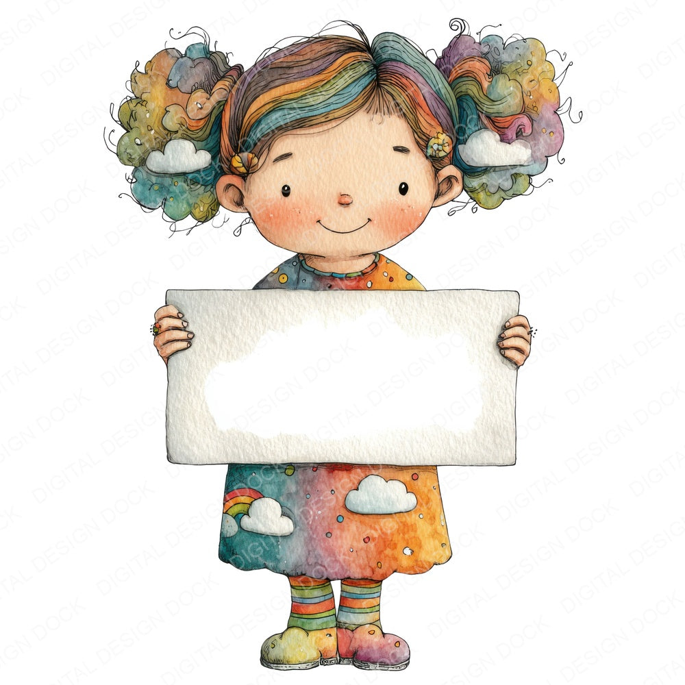 Rainbow Girl with Banner fussy cut sheet in US Letter format showing all 12 designs on one printable page