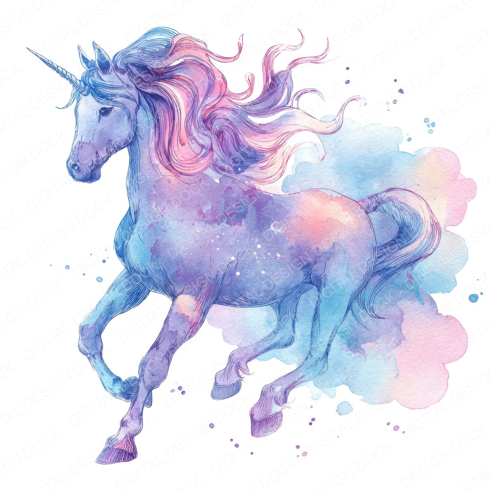 Rainbow Watercolour Unicorn fussy cut sheet in A4 format showing all 12 designs on one printable page