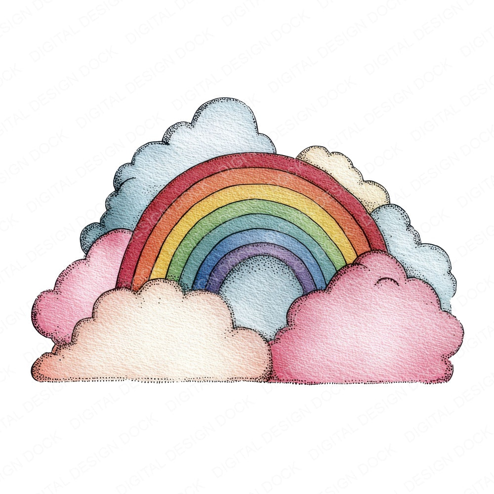 Rainbow with Clouds Watercolour fussy cut sheet in A4 format showing all 12 designs on one printable page