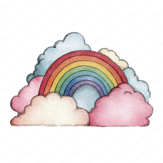 Rainbow with Clouds Watercolour fussy cut sheet in A4 format showing all 12 designs on one printable page