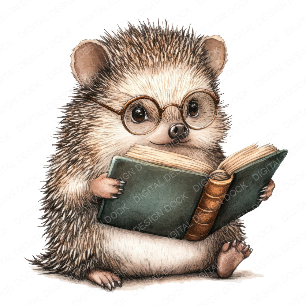 Reading Hedgehog with Glasses fussy cut sheet in US Letter format showing all 12 designs on one printable page