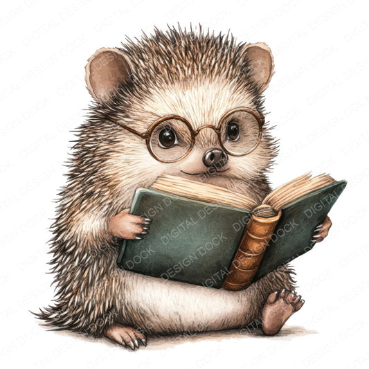 Reading Hedgehog with Glasses fussy cut sheet in US Letter format showing all 12 designs on one printable page