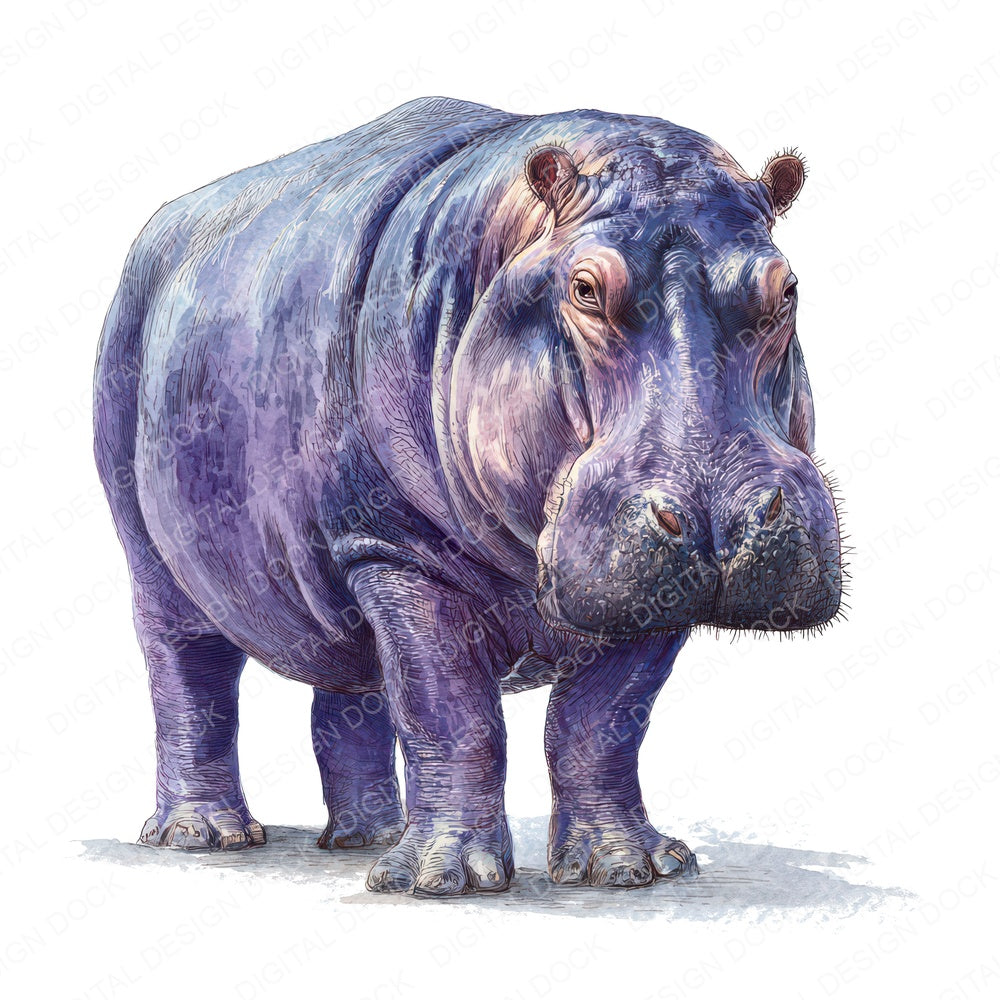 Realistic Hippo Illustration fussy cut sheet in A4 format showing all 12 designs on one printable page