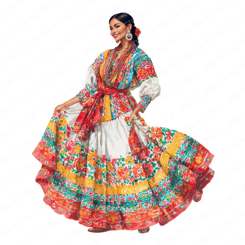 Realistic Mexican Woman Illustration fussy cut sheet in A4 format showing all 12 designs on one printable page