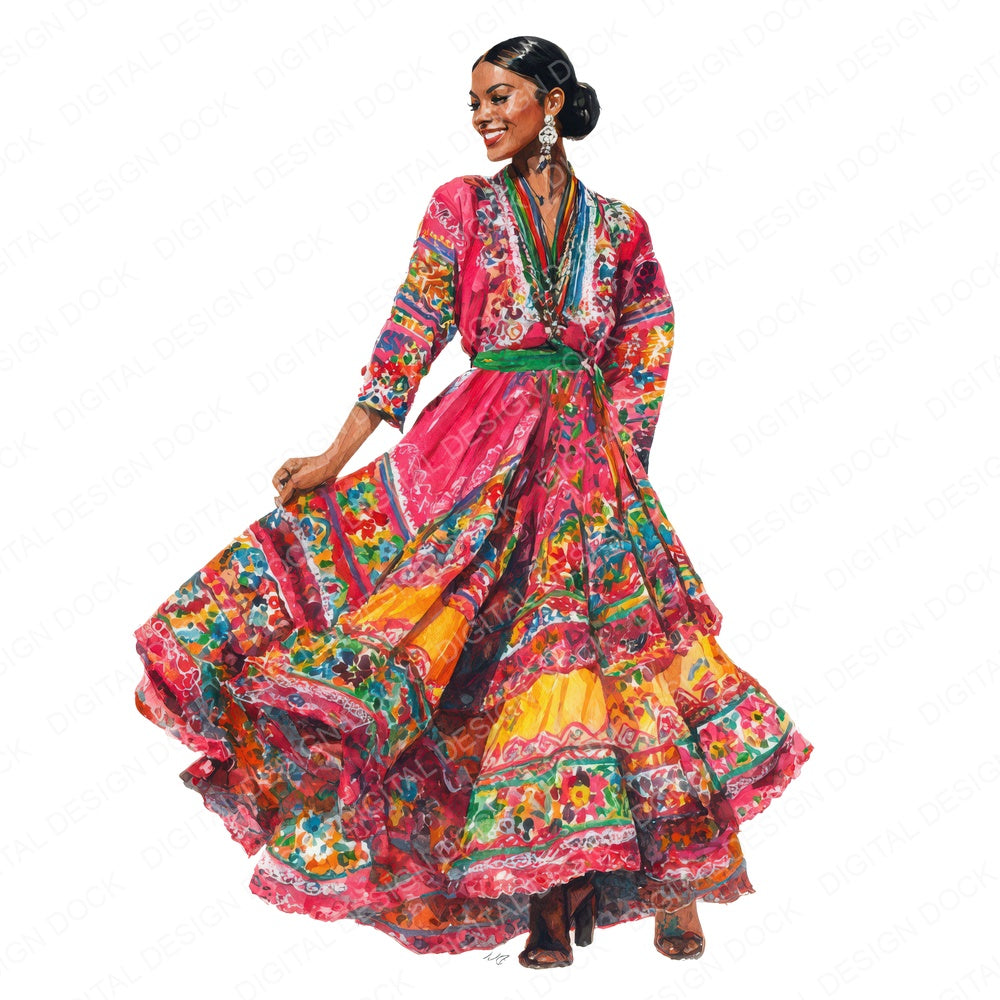 Realistic Mexican Woman Illustration fussy cut sheet in US Letter format showing all 12 designs on one printable page