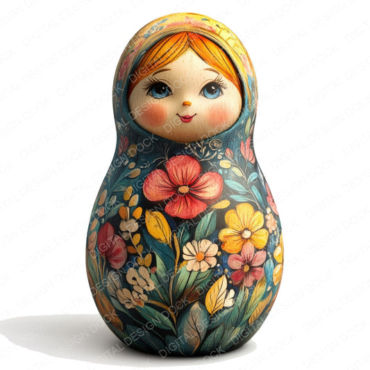 Realistic Watercolour Matryoshka Doll fussy cut sheet in A4 format showing all 12 designs on one printable page