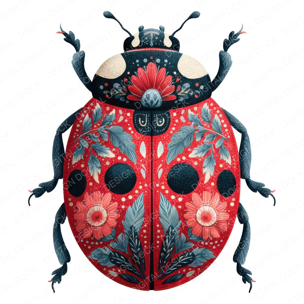 Red Folk Art Ladybird fussy cut sheet in A4 format showing all 12 designs on one printable page
