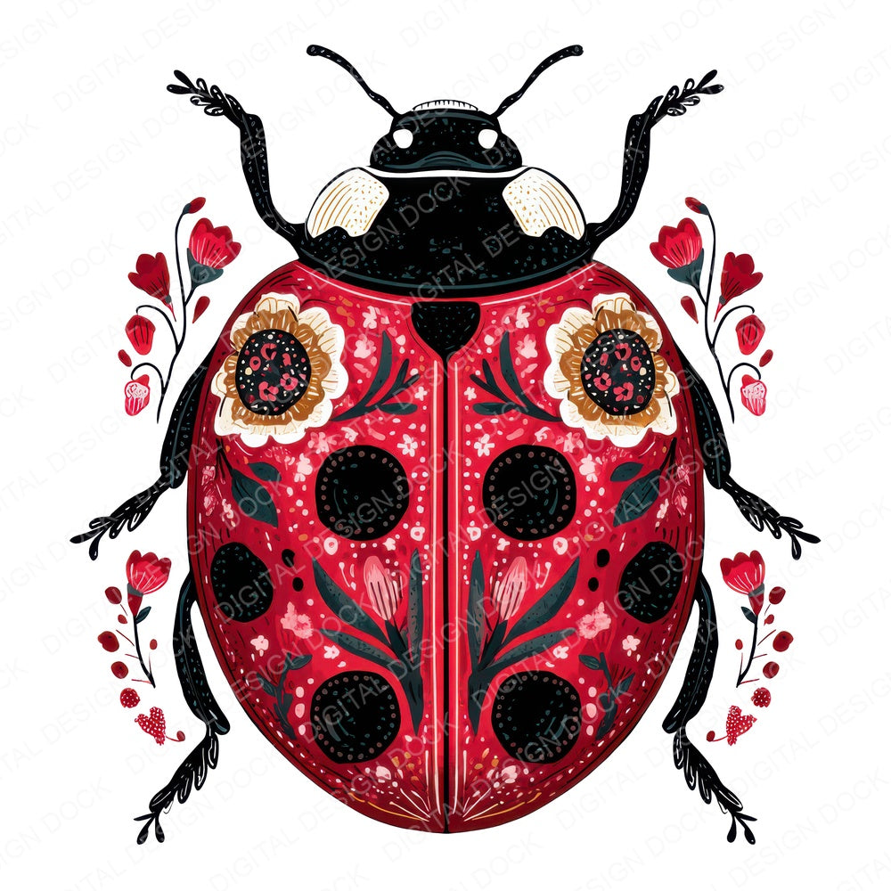 Red Folk Art Ladybird fussy cut sheet in US Letter format showing all 12 designs on one printable page