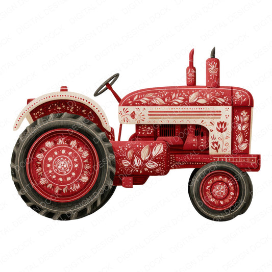 Red Folk Art Tractor Clipart Set (DDD008219)