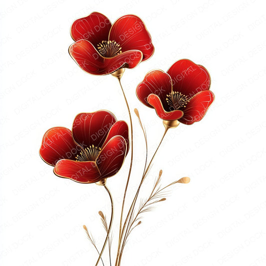 Red and Gold Abstract Flowers fussy cut sheet in A4 format showing all 12 designs on one printable page
