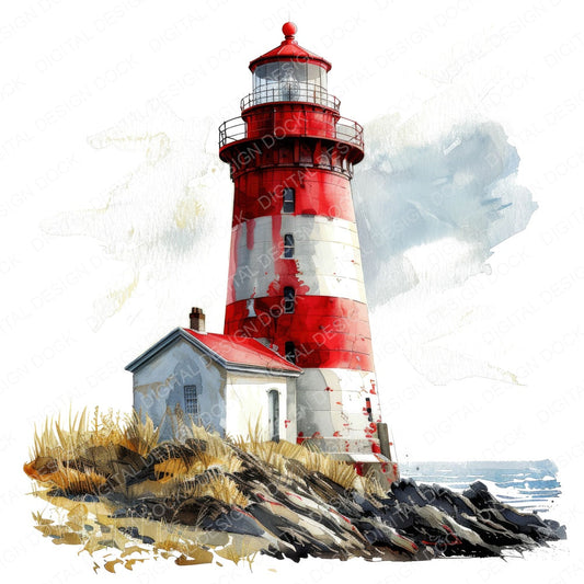 Red and White Lighthouse fussy cut sheet in A4 format showing all 12 designs on one printable page
