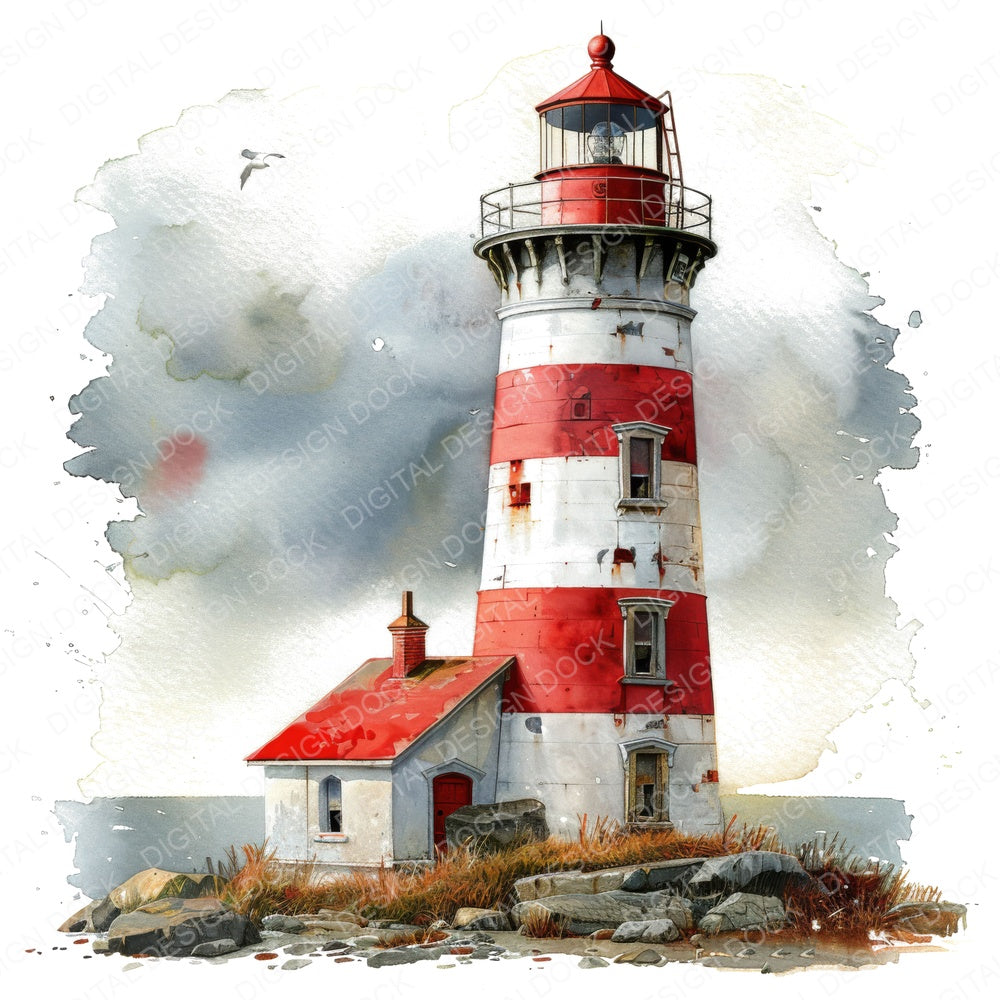 Red and White Lighthouse fussy cut sheet in US Letter format showing all 12 designs on one printable page