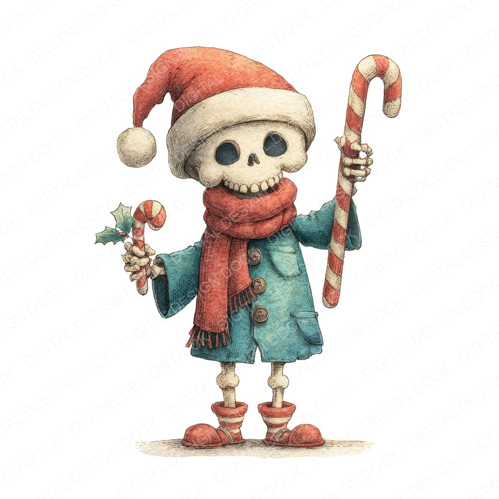 Retro Christmas Skeleton fussy cut sheet in A4 format showing all 12 designs on one printable page