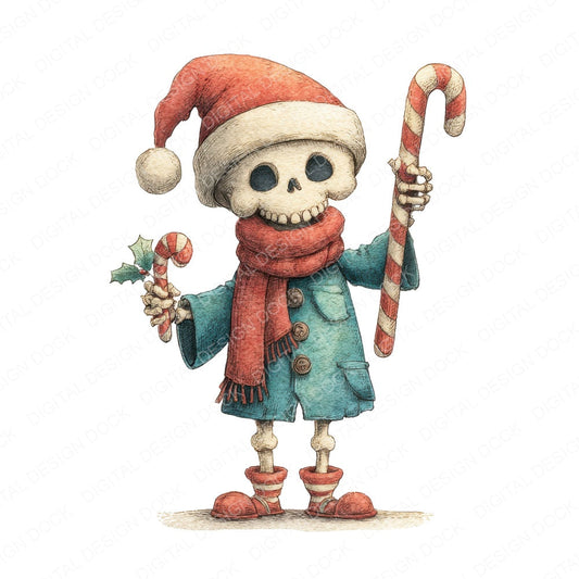 Retro Christmas Skeleton fussy cut sheet in A4 format showing all 12 designs on one printable page