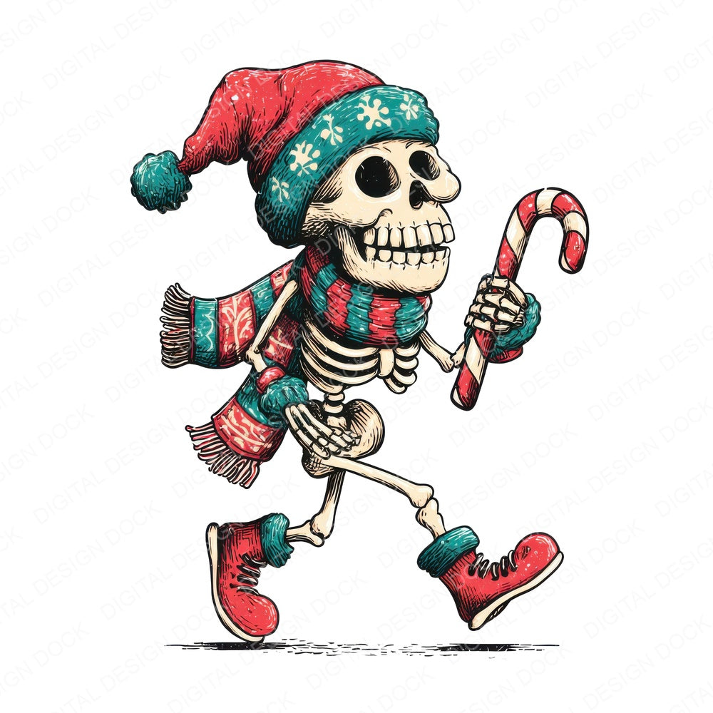 Retro Christmas Skeleton fussy cut sheet in US Letter format showing all 12 designs on one printable page