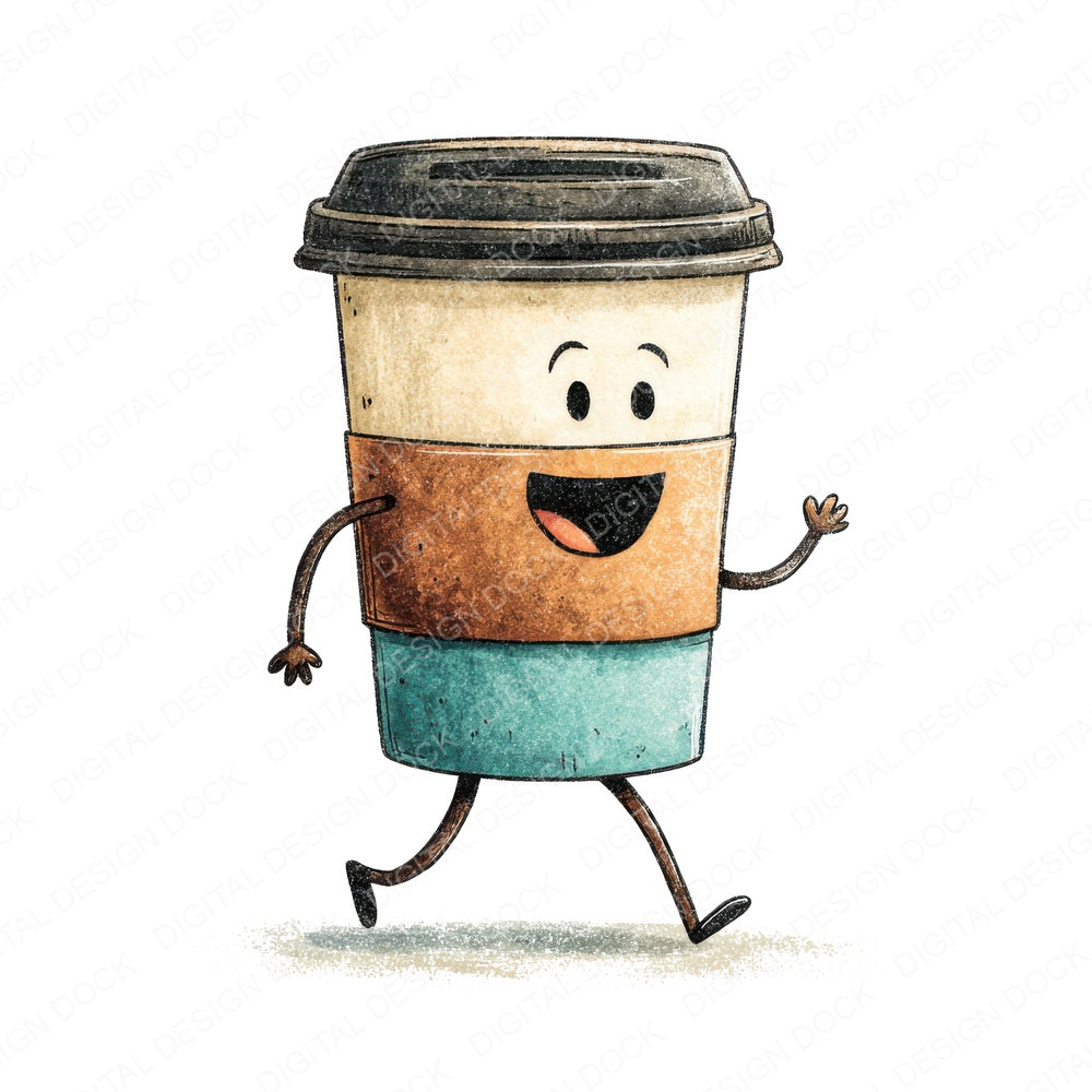 Retro Coffee Cup Character fussy cut sheet in A4 format showing all 12 designs on one printable page