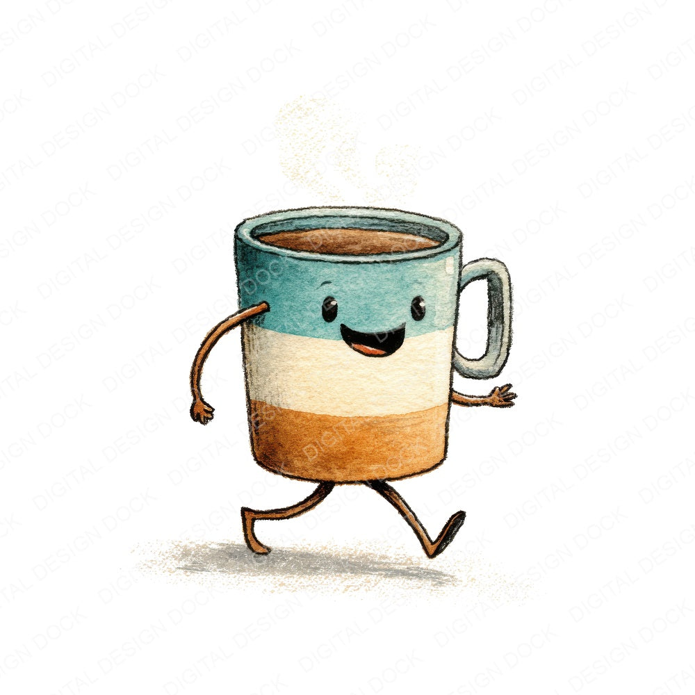 Retro Coffee Cup Character fussy cut sheet in US Letter format showing all 12 designs on one printable page