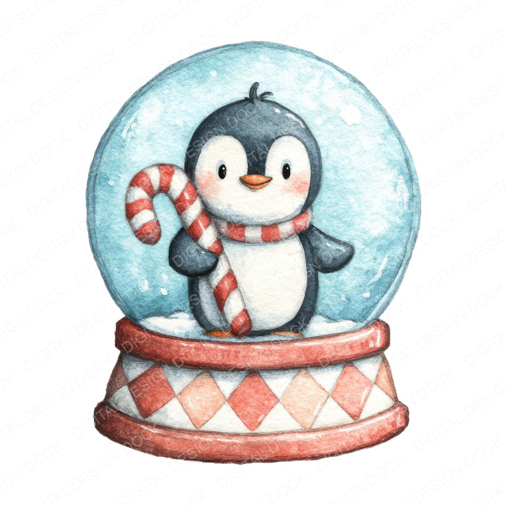 Retro Penguin Snow Globe fussy cut sheet in A4 format showing all 12 designs on one printable page