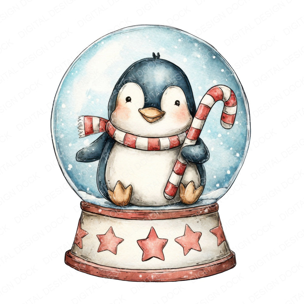 Retro Penguin Snow Globe fussy cut sheet in US Letter format showing all 12 designs on one printable page