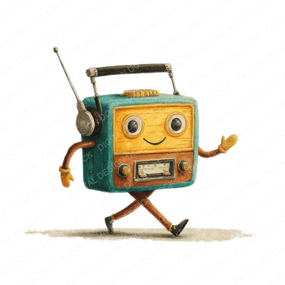 Retro Radio Character fussy cut sheet in A4 format showing all 12 designs on one printable page