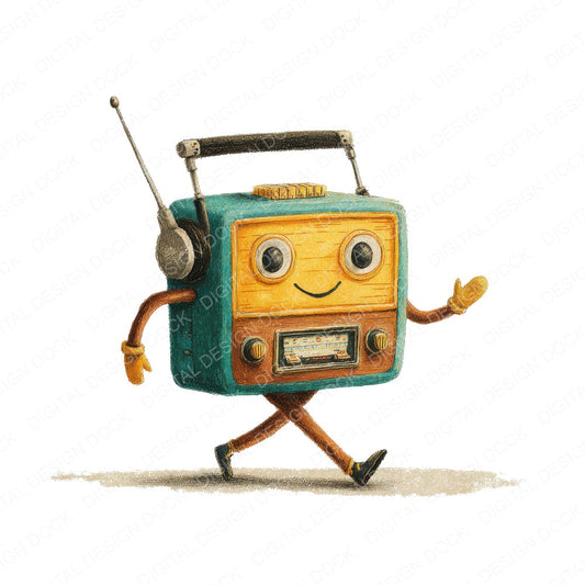 Retro Radio Character fussy cut sheet in A4 format showing all 12 designs on one printable page