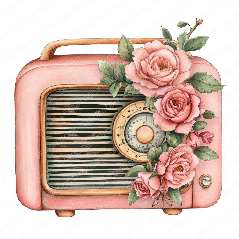 Retro Radio with Florals fussy cut sheet in A4 format showing all 12 designs on one printable page