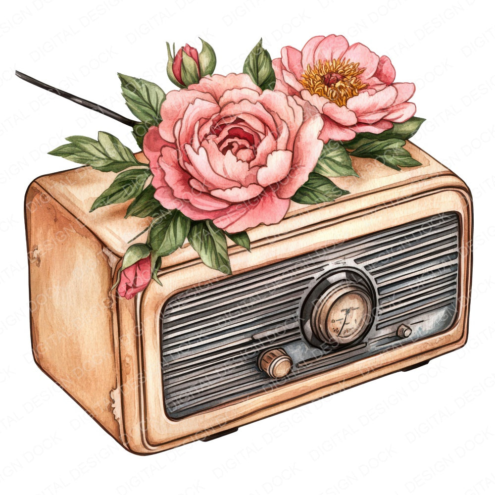 Retro Radio with Florals fussy cut sheet in US Letter format showing all 12 designs on one printable page