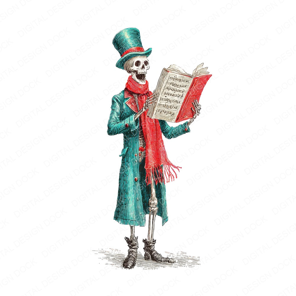 Retro Skeleton Caroler fussy cut sheet in US Letter format showing all 12 designs on one printable page