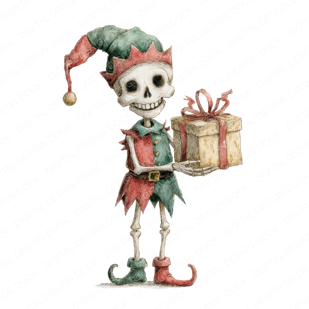 Retro Skeleton Elf fussy cut sheet in US Letter format showing all 12 designs on one printable page