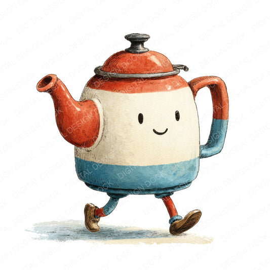 Retro Teapot Character fussy cut sheet in US Letter format showing all 12 designs on one printable page