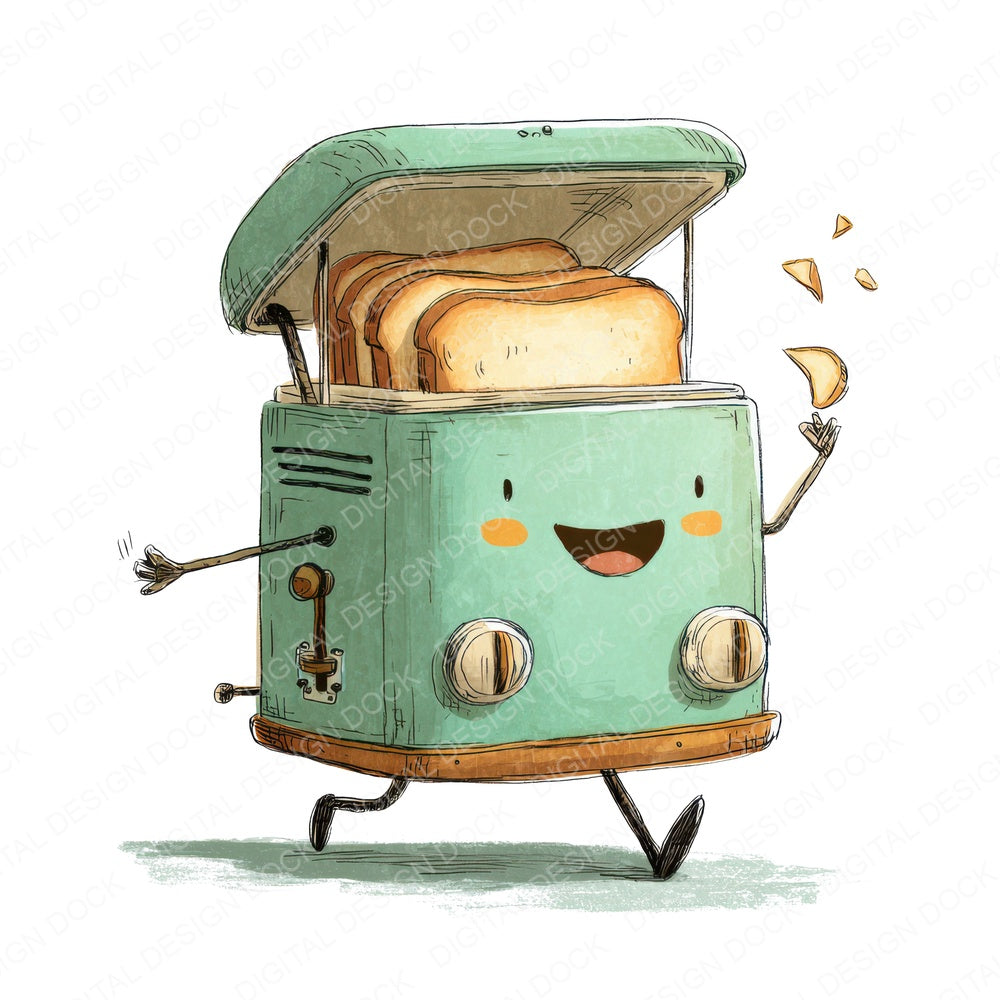 Retro Toaster Character fussy cut sheet in US Letter format showing all 12 designs on one printable page