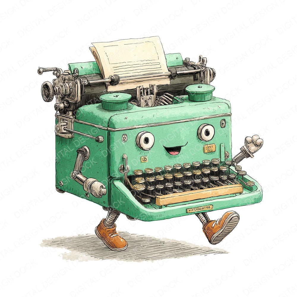 Retro Typewriter Character fussy cut sheet in US Letter format showing all 12 designs on one printable page