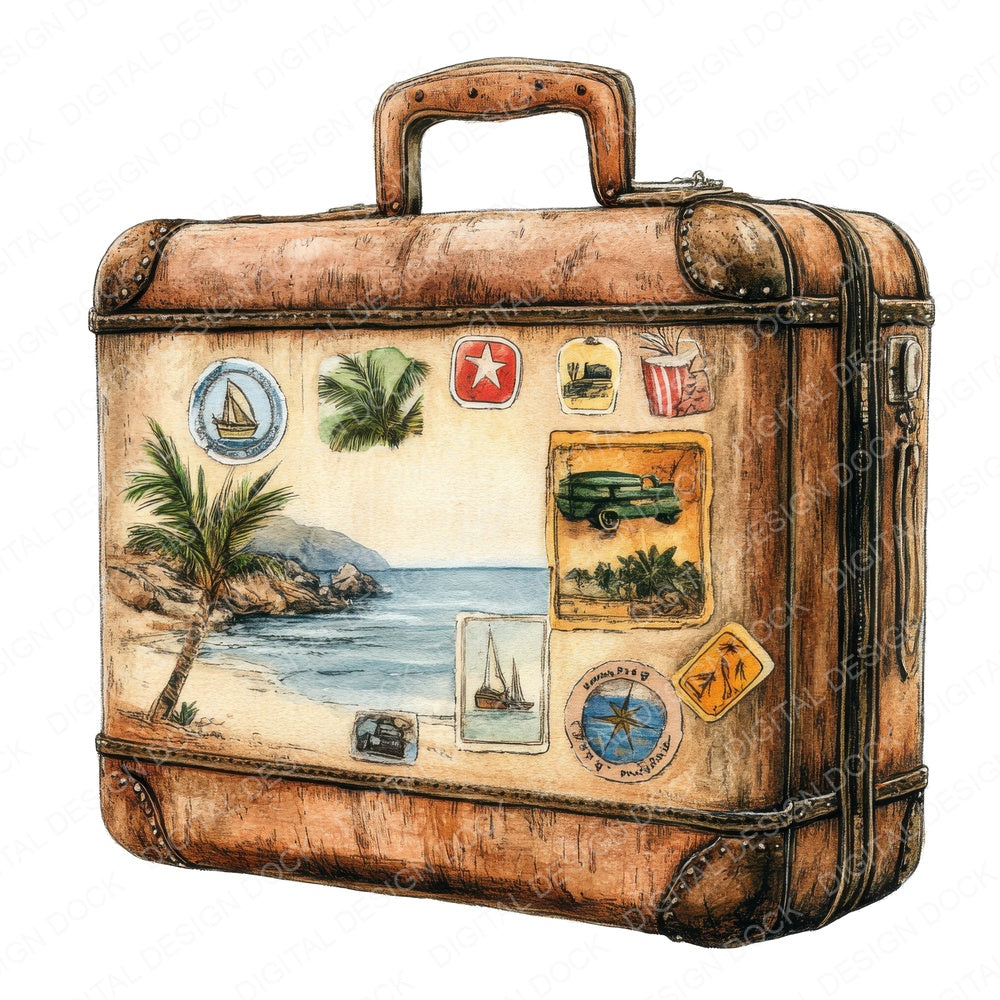 Retro Vintage Suitcase fussy cut sheet in A4 format showing all 12 designs on one printable page