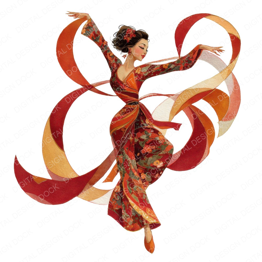 Ribbon Dance Woman fussy cut sheet in A4 format showing all 12 designs on one printable page